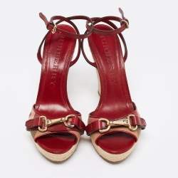 Burberry Red/Beige Check Canvas And Leather Espadrille Wedge Ankle Strap Sandals Size 41