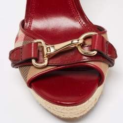 Burberry Red/Beige Check Canvas And Leather Espadrille Wedge Ankle Strap Sandals Size 41