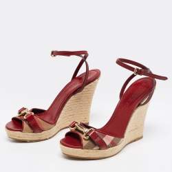 Burberry Red/Beige Check Canvas And Leather Espadrille Wedge Ankle Strap Sandals Size 41