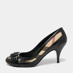 Burberry Black/Beige Patent Leather and House Check Canvas Pumps Size 37