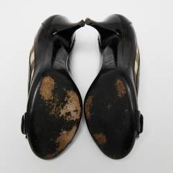 Pre Owned Burberry Black/Beige Patent Leather and House Check Canvas Pumps Size 37