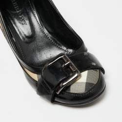 Pre Owned Burberry Black/Beige Patent Leather and House Check Canvas Pumps Size 37