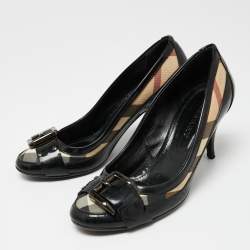Pre Owned Burberry Black/Beige Patent Leather and House Check Canvas Pumps Size 37