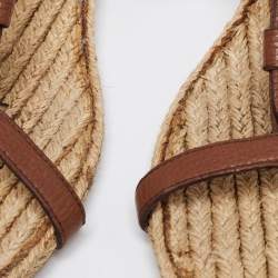 Burberry Brown/Beige Leather and House Check Canvas T-Strap Flat Sandals Size 39.5