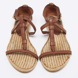 Burberry Brown/Beige Leather and House Check Canvas T-Strap Flat Sandals Size 39.5