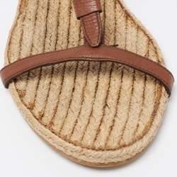 Burberry Brown/Beige Leather and House Check Canvas T-Strap Flat Sandals Size 39.5