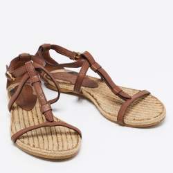 Burberry Brown/Beige Leather and House Check Canvas T-Strap Flat Sandals Size 39.5