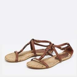 Burberry Brown/Beige Leather and House Check Canvas T-Strap Flat Sandals Size 39.5