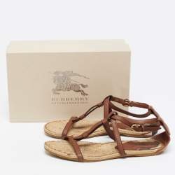 Burberry Brown/Beige Leather and House Check Canvas T-Strap Flat Sandals Size 39.5