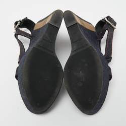 Pre Owned Burberry Navy Blue Denim T-Strap Wedge Sandals Size 38.5