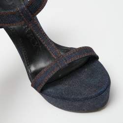 Pre Owned Burberry Navy Blue Denim T-Strap Wedge Sandals Size 38.5