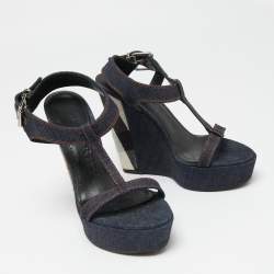 Pre Owned Burberry Navy Blue Denim T-Strap Wedge Sandals Size 38.5