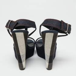 Pre Owned Burberry Navy Blue Denim T-Strap Wedge Sandals Size 38.5