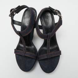 Pre Owned Burberry Navy Blue Denim T-Strap Wedge Sandals Size 38.5
