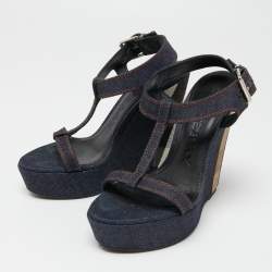 Pre Owned Burberry Navy Blue Denim T-Strap Wedge Sandals Size 38.5