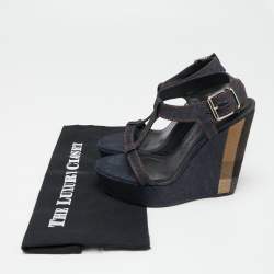 Pre Owned Burberry Navy Blue Denim T-Strap Wedge Sandals Size 38.5