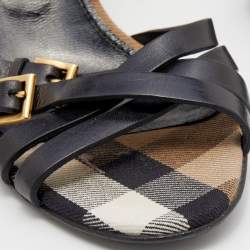 Burberry Black Leather Cross Strap Buckle Detail Slides Size 38