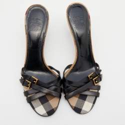 Burberry Black Leather Cross Strap Buckle Detail Slides Size 38