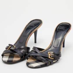 Burberry Black Leather Cross Strap Buckle Detail Slides Size 38