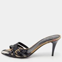 Burberry Black Leather Cross Strap Buckle Detail Slides Size 38
