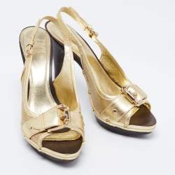 Burberry Gold Leather Peep-Toe Slingback Sandals Size 38