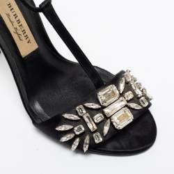 Pre Owned Burberry Black Satin Embellished T Strap Sandals Size 37