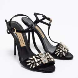 Pre Owned Burberry Black Satin Embellished T Strap Sandals Size 37