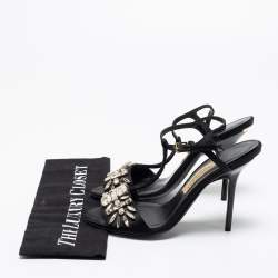 Pre Owned Burberry Black Satin Embellished T Strap Sandals Size 37