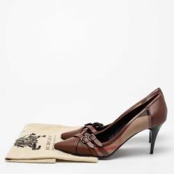 Pre Owned Burberry Brown/Beige House Check Canvas and Leather Pointed Toe Buckle Pumps Size 41
