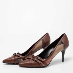 Pre Owned Burberry Brown/Beige House Check Canvas and Leather Pointed Toe Buckle Pumps Size 41