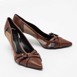 Pre Owned Burberry Brown/Beige House Check Canvas and Leather Pointed Toe Buckle Pumps Size 41
