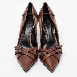 Pre Owned Burberry Brown/Beige House Check Canvas and Leather Pointed Toe Buckle Pumps Size 41