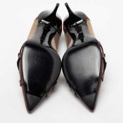 Pre Owned Burberry Brown/Beige House Check Canvas and Leather Pointed Toe Buckle Pumps Size 41