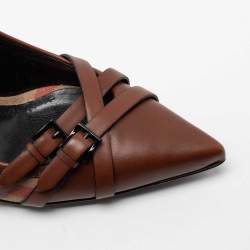 Pre Owned Burberry Brown/Beige House Check Canvas and Leather Pointed Toe Buckle Pumps Size 41