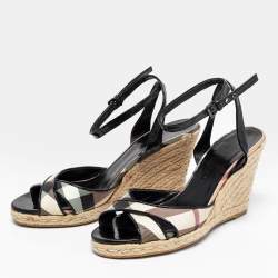 Pre Owned Burberry Tri-Color Nova Check Canvas and Patent Leather Espadrille Wedge Ankle-Strap Sandals Size 40