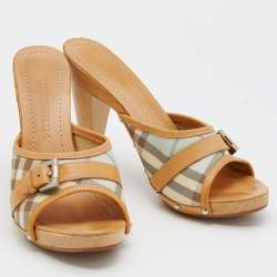 Pre Owned Burberry Beige/Light Blue PVC and Leather Mules Size 40