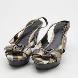 Pre Owned Burberry Dark Grey Leather Slingback Platform Sandals Size 40