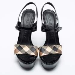 Burberry Black Nova Check Espadrille Platform Wedge Sandals Size 38