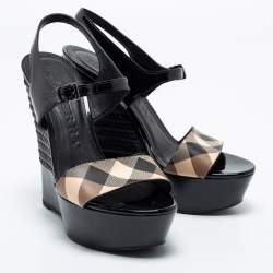 Burberry Black Nova Check Espadrille Platform Wedge Sandals Size 38