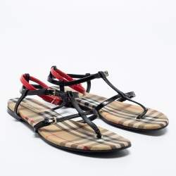 Burberry Black/Beige Nova Check Canvas and Leather Anthea Flats Sandals Size 39