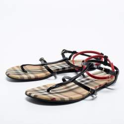 Burberry Black/Beige Nova Check Canvas and Leather Anthea Flats Sandals Size 39