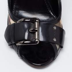 Pre Owned Burberry Black/Beige Nova Check Coated Canvas and Leather Buckle Peep Toe Pumps Size 39
