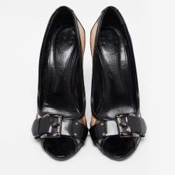 Pre Owned Burberry Black/Beige Nova Check Coated Canvas and Leather Buckle Peep Toe Pumps Size 39