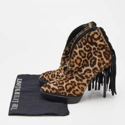 Burberry Beige/Brown Leopard Print Calf Hair Fringe Ankle Boots Size 37