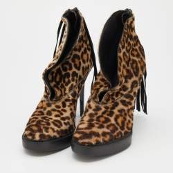 Burberry Beige/Brown Leopard Print Calf Hair Fringe Ankle Boots Size 37