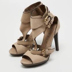 Pre Owned Burberry Beige Nubuck Leather Platform Ankle Cuff Sandals  Size 38