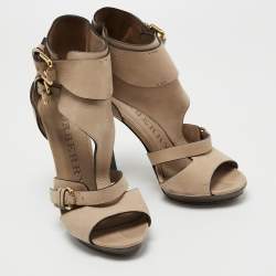 Pre Owned Burberry Beige Nubuck Leather Platform Ankle Cuff Sandals  Size 38