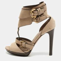 Pre Owned Burberry Beige Nubuck Leather Platform Ankle Cuff Sandals  Size 38