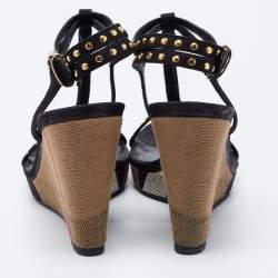 Burberry Black Leather Studded Platform Wedge Sandals Size 40