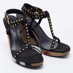 Burberry Black Leather Studded Platform Wedge Sandals Size 40